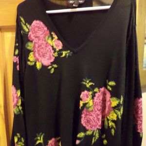 🌻💐🌸INC Woman's Black V-Neck Sweater Brilliant Rose Accents~Size:1X